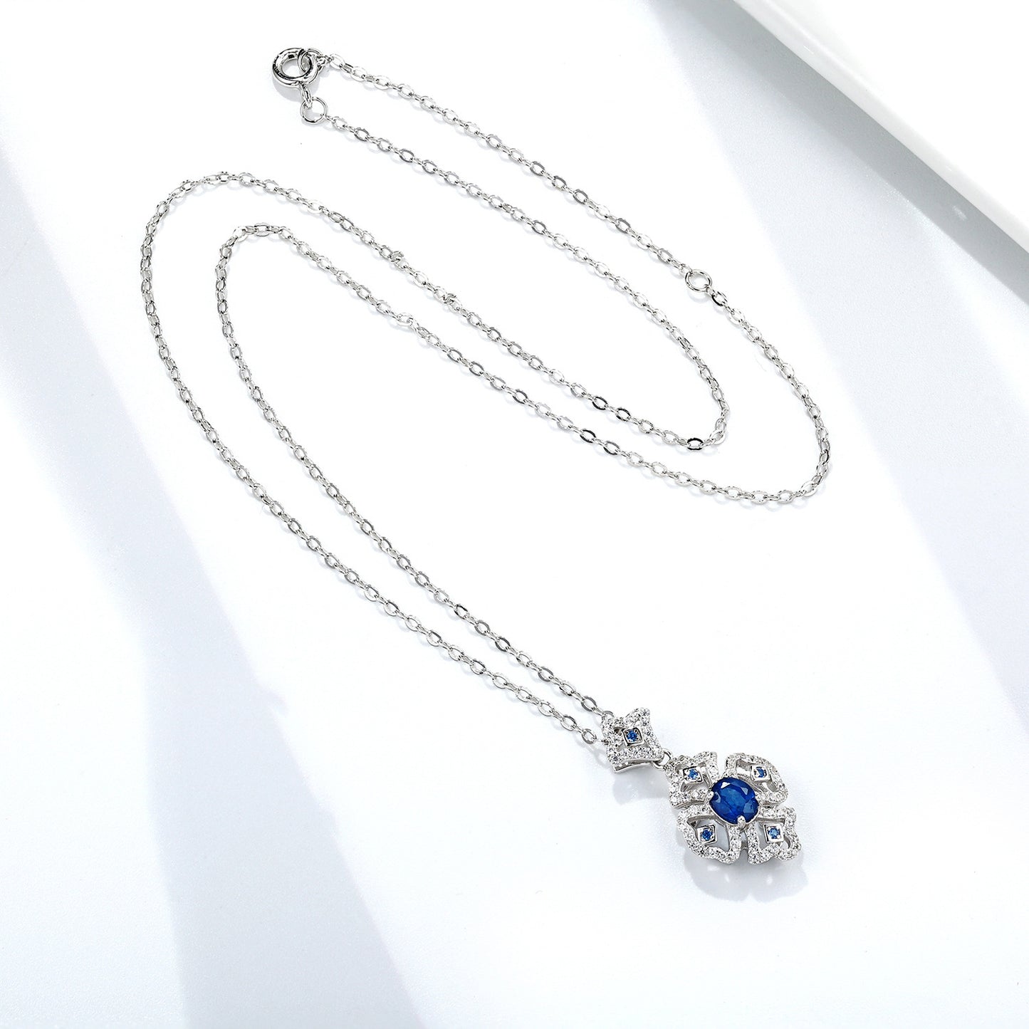 S925 Silver Retro Pattern Necklace Women's Versatile Natural Sapphire Pendant