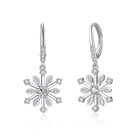 Sterling Silver Zirconia Snowflake Leverback Dangle Drop Earrings Jewelry