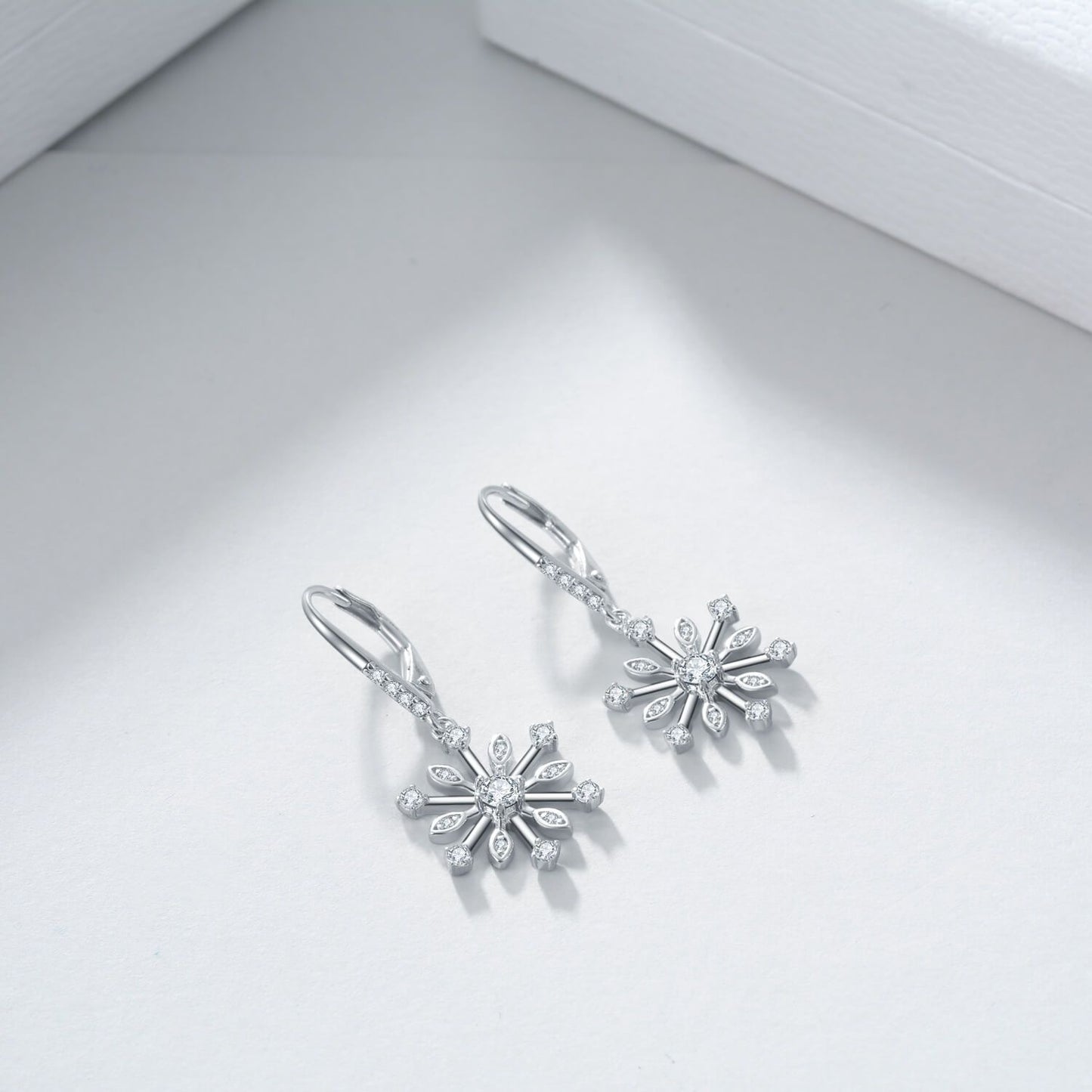 Sterling Silver Zirconia Snowflake Leverback Dangle Drop Earrings Jewelry