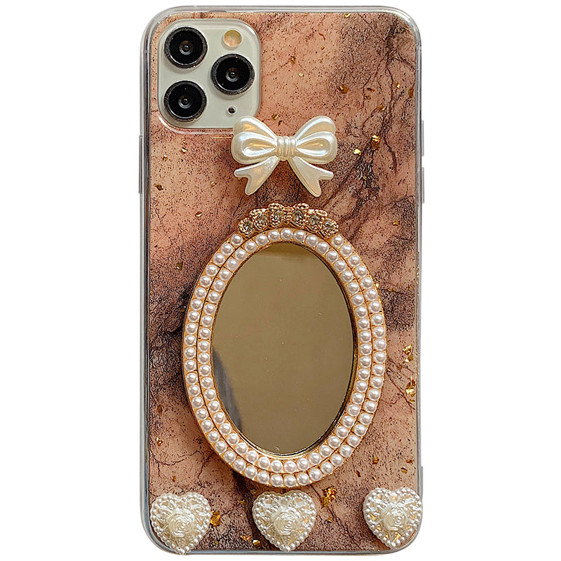 Marble Bowknot Rhinestone Mirror Back cover