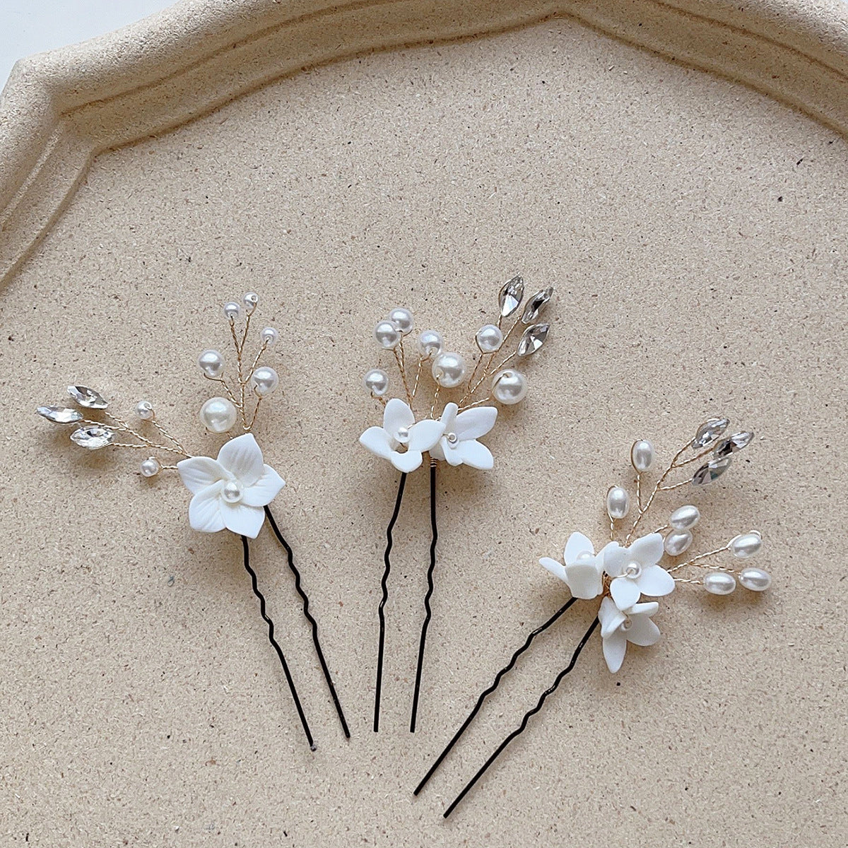 Three Sets Of White Flower  Hairpins