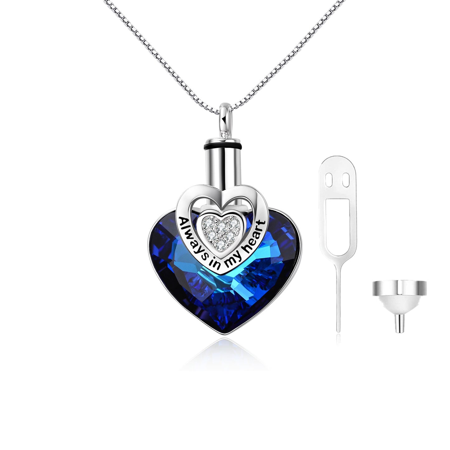 Crystal from Austria Heart Urn Cremation Keepsake Necklace in White Gold Plated Sterling Silver