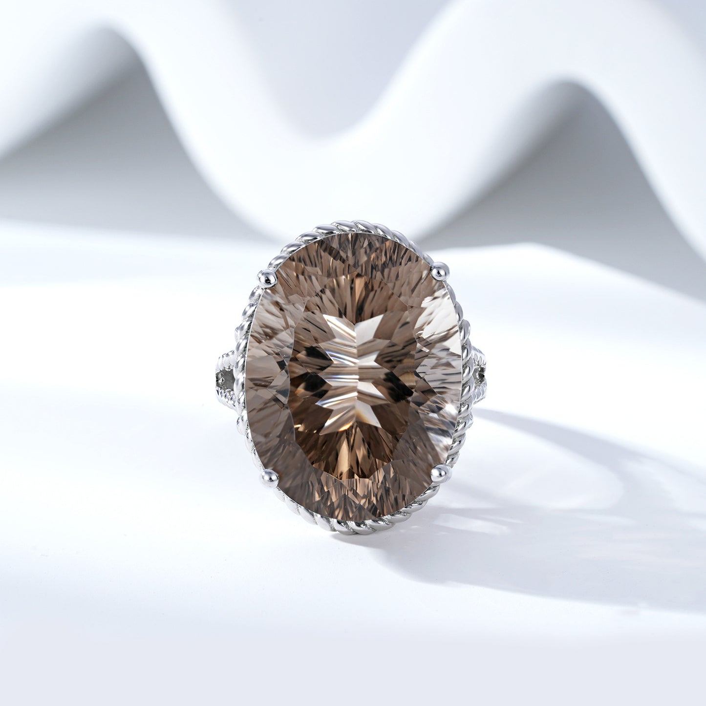 Luxury Wind Jewelry Natural Tea Crystal Ring S925 Silver Inlaid Smoky Crystal