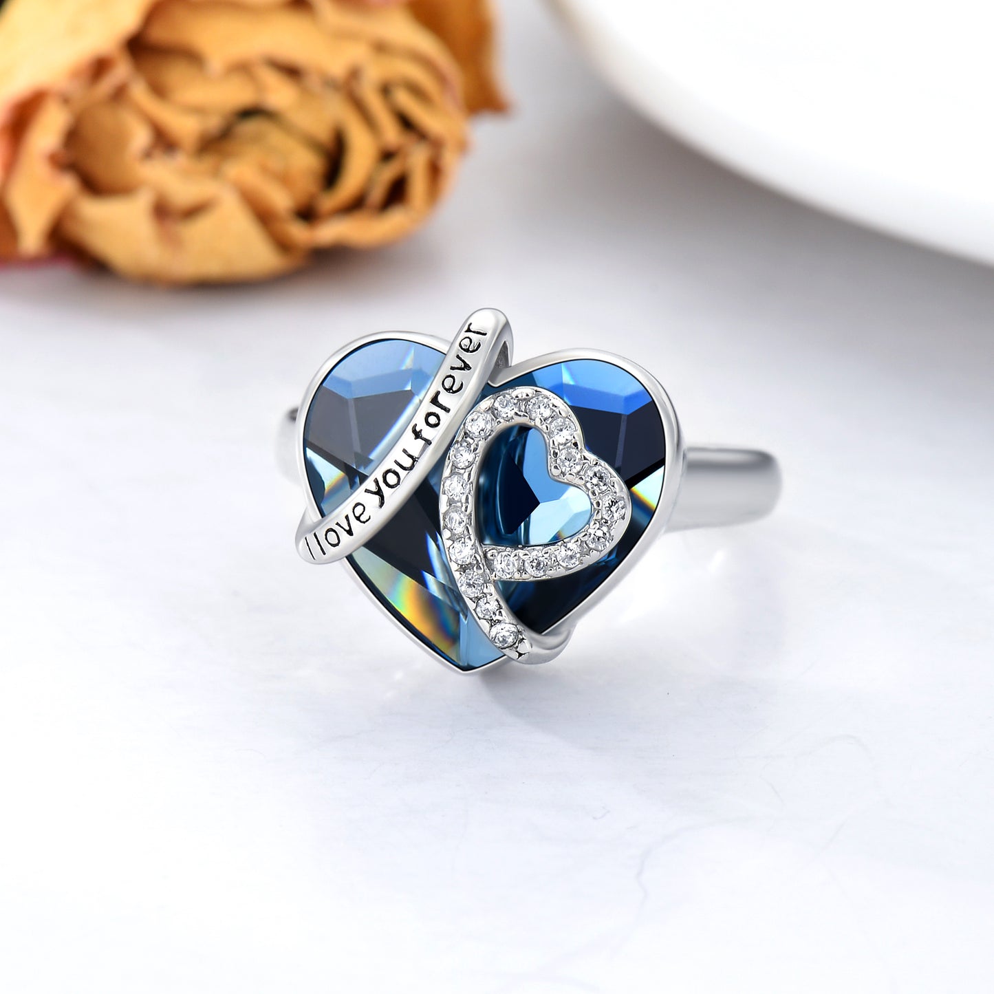 Heart Cremation Urn Ring with Crystal from Austria in White Gold Plated Sterling Silver