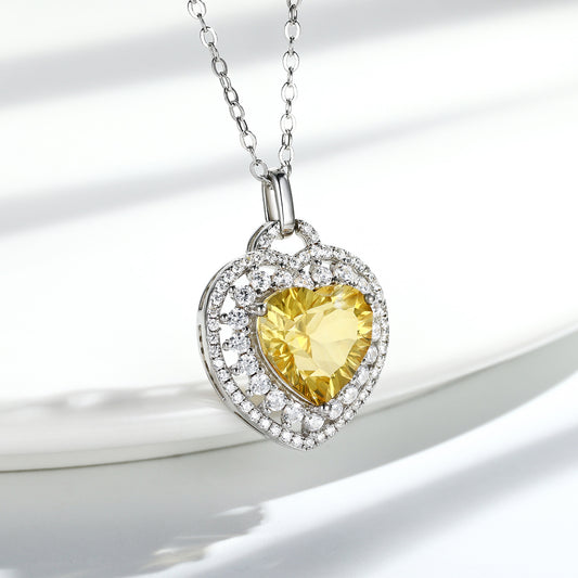 Natural Heart Shape Citrine Necklace Women's 925 Silver Full Set Exquisite Pendant