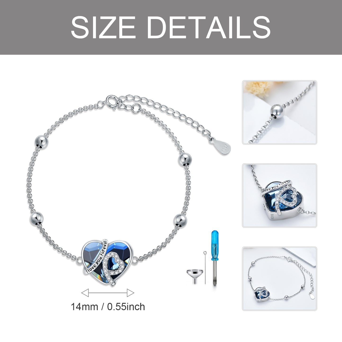 Heart Cremation Bracelet with Crystal from Austria in White Gold Plated Sterling Silver