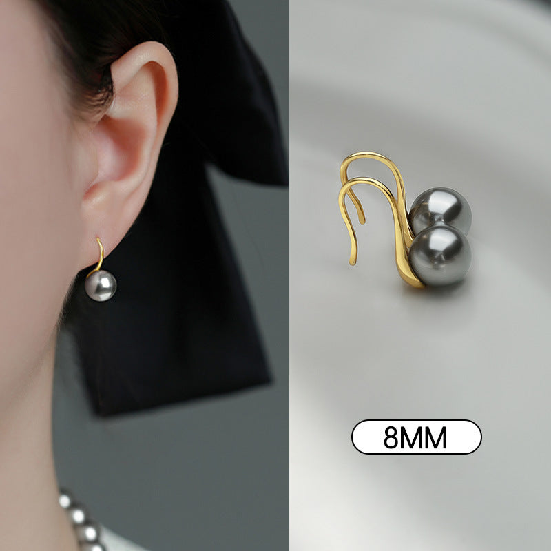 Silver Gray Pearl Stud Earrings S925 Silver Exquisite Ear Hook Premium Earrings