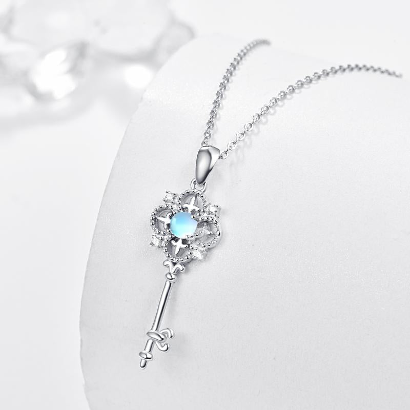 Sterling Silver Key Blue Moonstone and AAA Cz Round Key Pendant Necklace